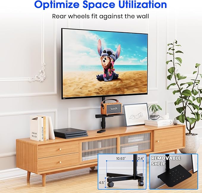 Mobile TV Stand for 23-60 Inch LCD LED OLED Flat Panel Curved Screen TVs up to 88 lbs, Tilt and Height Adjustable, Locking Rolling Wheels TV Cart with Shelf, Max VESA 400x400mm, Black