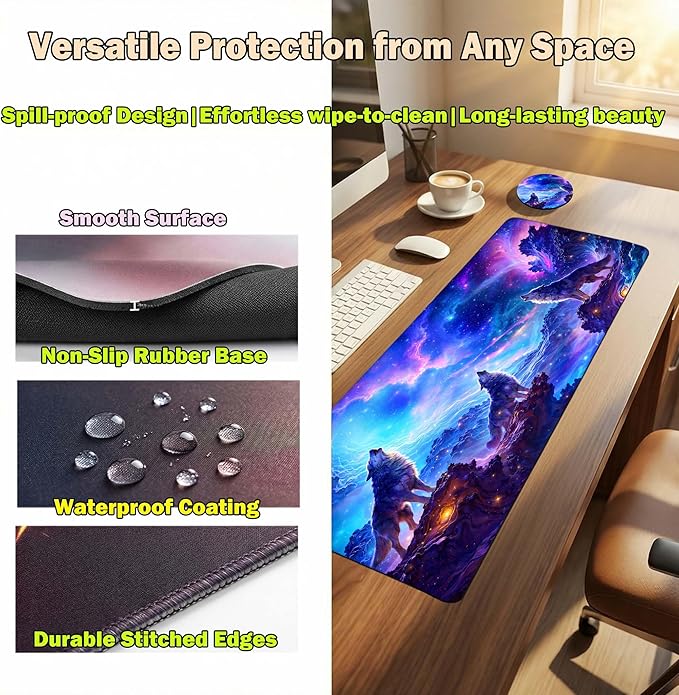 Extended Large Mouse Pad 31.5 x 11.8 Inches – AiLiTeck Premium Desk Mat Mousepad with Stitched Edges, Waterproof, Non-Slip Rubber Base for Office Home, Includes Coaster–Wolf Galaxy
