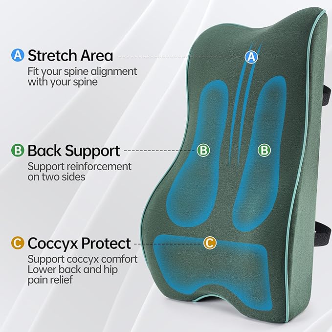 Plush & Comfortable Memory Foam Lumbar Support Pillow - Soft Back Cushion for Office Chair, Car Seat, Gaming Chair - Ergonomic Lower Back Pain Relief with Adjustable Straps & Washable Cover-Dark Green