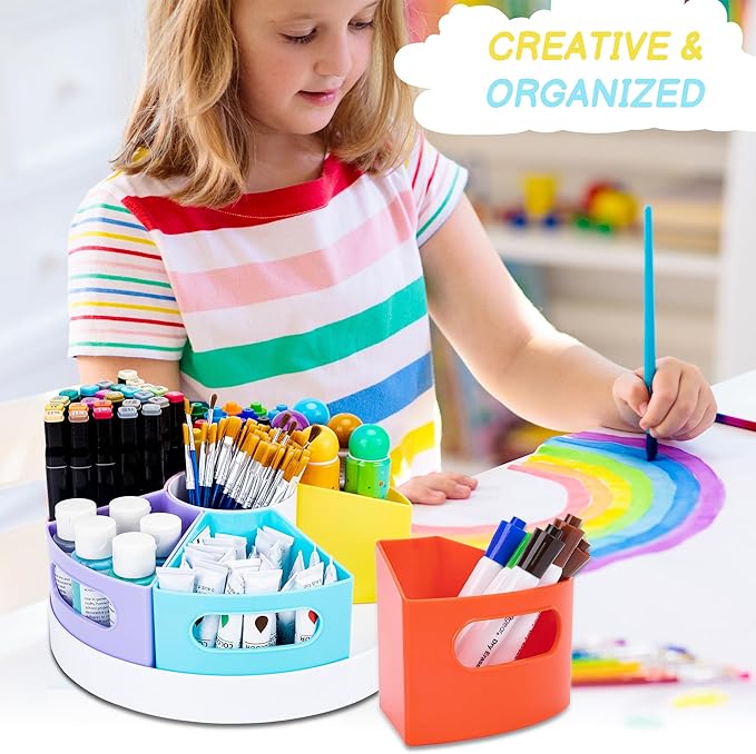 CraftGenes Art Supply Organizer, Extra Large 360° Pencil Caddy with 7 Removable Compartments for Kids, Rainbow Stationary Marker Organizer for Home, School, and Classroom