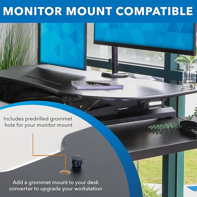 Mount-It! Electric Standing Desk Converter with 38" Tabletop, Height Adjustable Sit Stand Desk Riser, Motorized Desk Riser with Keyboard Tray and Device Slot, Fits Monitor & Laptop, Black