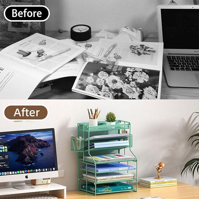 White 7 Tier Desktop File Organizer, Letter Tray Paper Organizer with Pen Holder and Metal Hanging Basket, Adjustable Vertical Desk Organizer for Office Desk Accessories