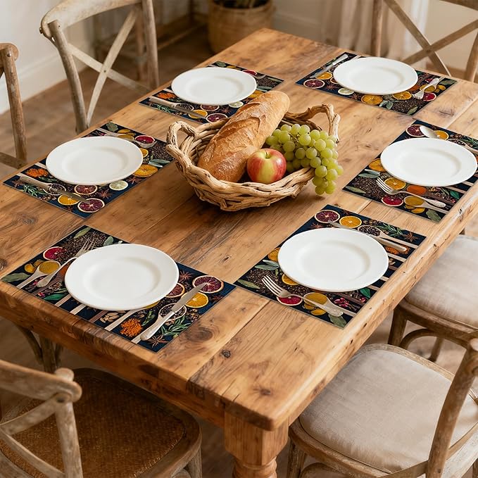Colorful Spices Linen Placemats Set of 6, Decorative Table Mats 12x18 Inch, Washable Heat Resistant Placemats for Dining Table Kitchen Home Decor