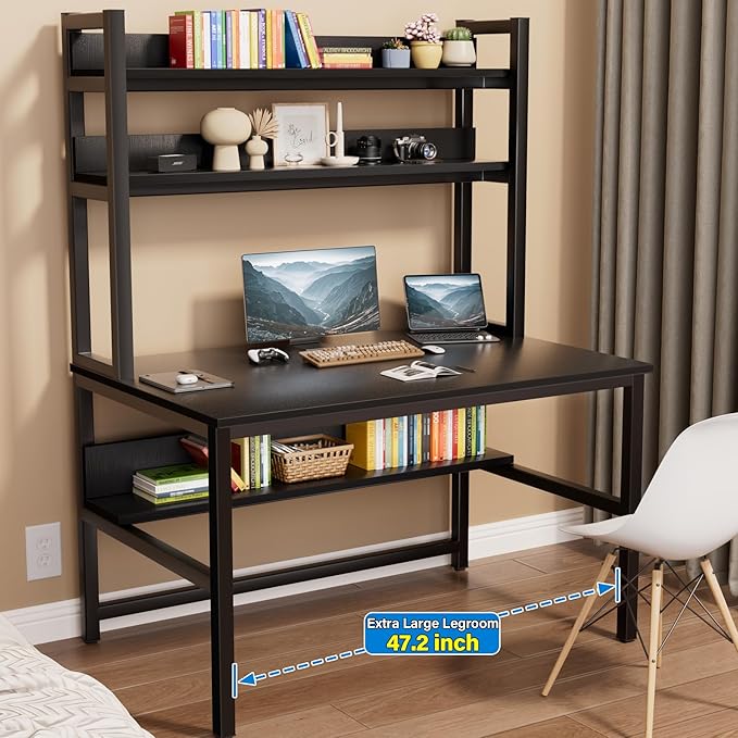 Aquzee Computer Desk with Hutch and Bookshelves, Large Leg Room 47 inch Width Black Desk with Space Saving Storage Shelves for Home Office,Study, Work, Easy Assemble