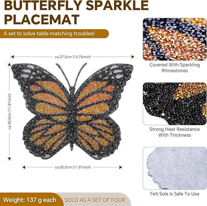 Butterfly Placemats Set of 4, Colorful Rhinestones Bling Butterfly Home Kitchen Table Decoration Place Mat,Gifts for Friends Women Mom (Yellow,4pcs)