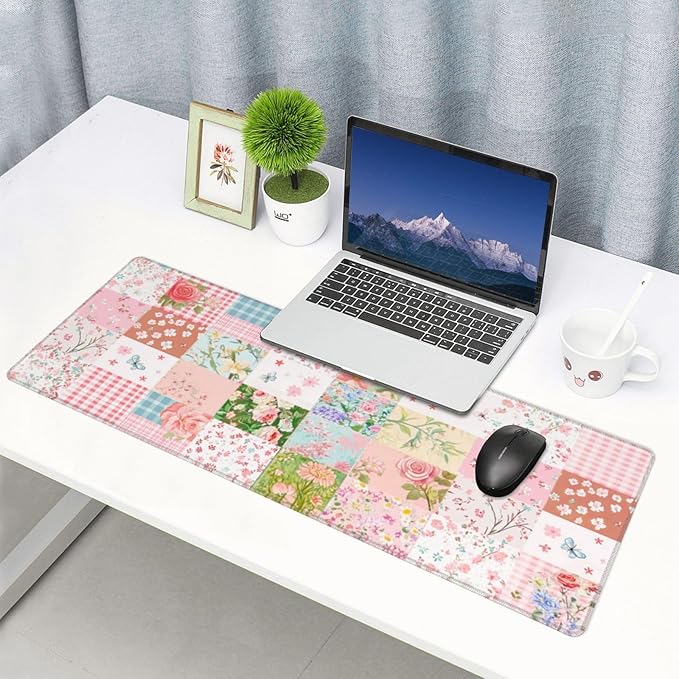 Patchwork Floral Mouse Pad 31.5 X 11.8 Inch Big Desk Rubber Base Stitched Edges Keyboard Pad XXL Mouse Mat for Home Game and Office