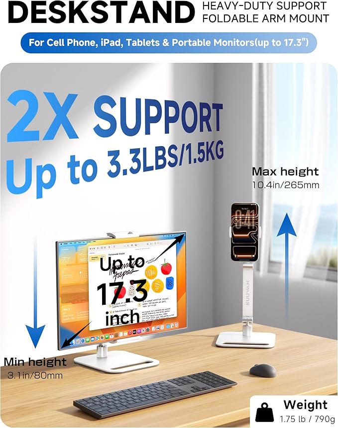 Portable Monitor Stand Holder for 15.6'',17.3'', Tablet Stand Holder for iPad, Aluminum Alloy Foldable Arm Mount with 360° Swivel Desk Mount Compatible with 4.7-17.3inch Tablet (White)