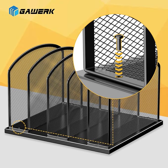 Gawerk Large Size Desk File Organizer, Metal Mesh Vertical Desktop File Holder, 5-Section file organizer for Desk Home Office Black