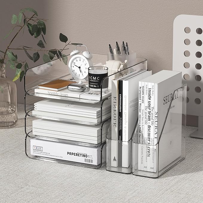 FANXIYQ 4-Tier Acrylic Paper Tray Organizer | Clear Stackable Desk Organizer for Documents, Letters, A4 Paper | Modern Office/Classroom/Home Organization,Clear