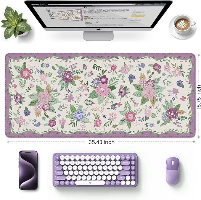 HAOCOO Purple Desk Cover Mat, Cute Large Mouse Pad with Stitched Edges, Non-Slip Waterproof Keyboard Mat, Office Supplies & Desktop Decor, Desk Pad Mat for Women Office Organizers
