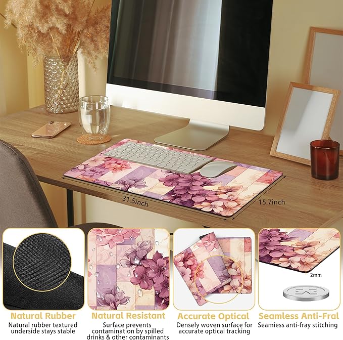 Large Mouse Pad Colorful Marble and Flower Gaming Mousepad Desk Pad Mat for Keyboard and Mouse, Large Non-Slip Rubber Base Mousepad Desk Mat with Stitched Edges for Gaming Office, 31.5 x 15.8 in
