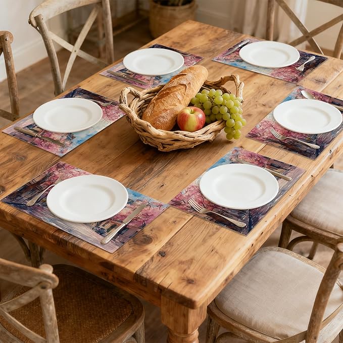 Paris Tower Pink Romantic Tree Linen Placemats Set of 6, Decorative Table Mats 12x18 Inch, Washable Heat Resistant Placemats for Dining Table Kitchen Home Decor