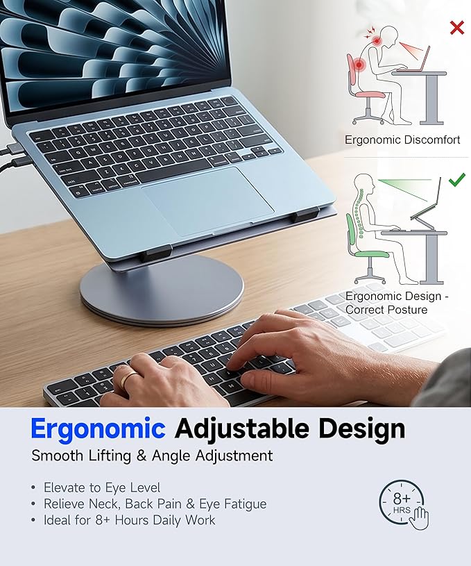 YICOSUN Adjustable Laptop Stand for Desk - 360° Rotating Ergonomic Riser with Aluminum Cooling Vents & Sturdy Construction for 10-16 Inch MacBook Pro/Air, Foldable Portable for Office & Home - Gray