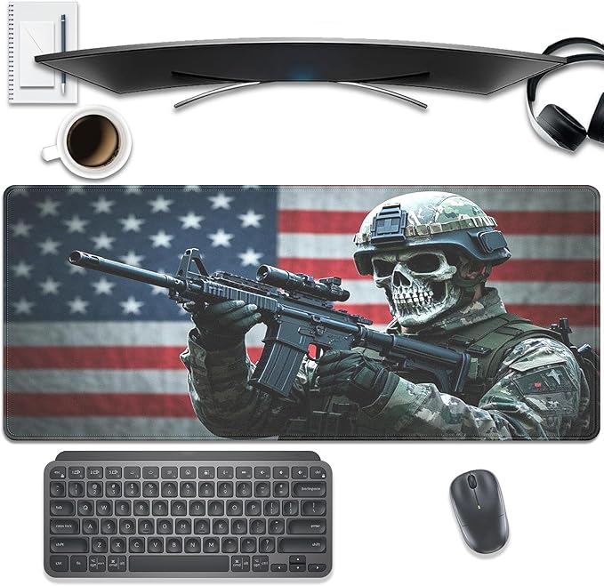 American Flag Skull Soldier Large Gaming Mouse Pad, 27.5x11.8in Tactical Military Extended Desk Mat with Stitched Edges, Non-Slip Waterproof Rubber Base for Office, Computer & Laptop