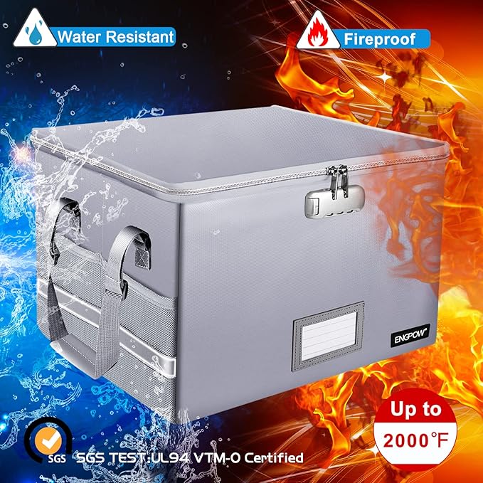 ENGPOW File Box with Lock, Fireproof Document Box with Pockets, Collapsible File Organizer Filing Storage Cabinet with Handle, Portable Home Office Safe for Hanging Letter/Legal Folders,Silver,2 Pack
