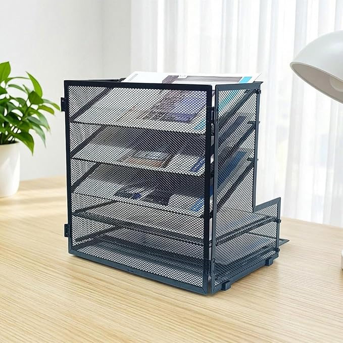 SETTFRFE Metal Desktop File Holder Organizer with 5 Tier Paper Tray, Office Supplies Desk Organizer, Black