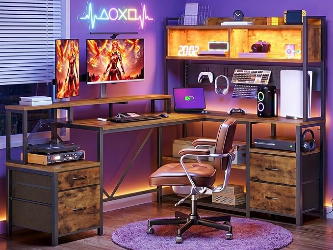 RALGEND 75" L Shaped Gaming Desk with Hutch, L Shaped Desk with Drawers, LED Light, Power Outlets & Pegboard, Corner Desk with Storage Shelves & Monitor Stand for Home Office, Rustic Brown and Black