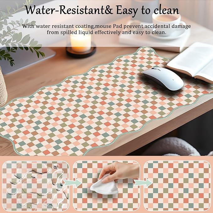 Scalloped Desk Mat Extended Large Cute Mouse Pad XXL Aesthetic Desk Pad Boho Plaid Mousepad Retro Beige Checkered Mouse Pad for Keyboard Computer Stitched Edges Non-Slip Home Office 31.5X15.7Inch