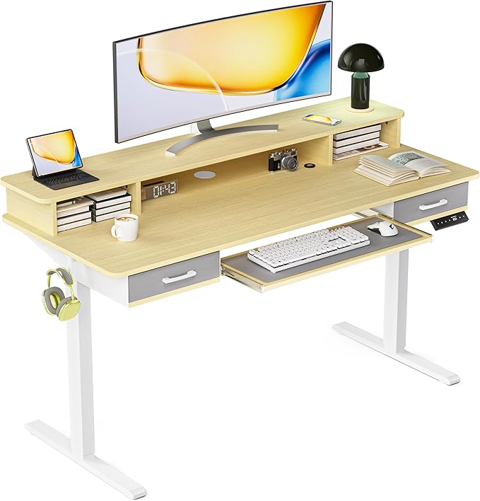 Electric Standing Desk with Keyboard Tray, 55x24 Inches Height Adjustable Stand up Desk with 2 Drawers, Ergonomic Sit to Stand Table with Storage Monitor Stand, Oak