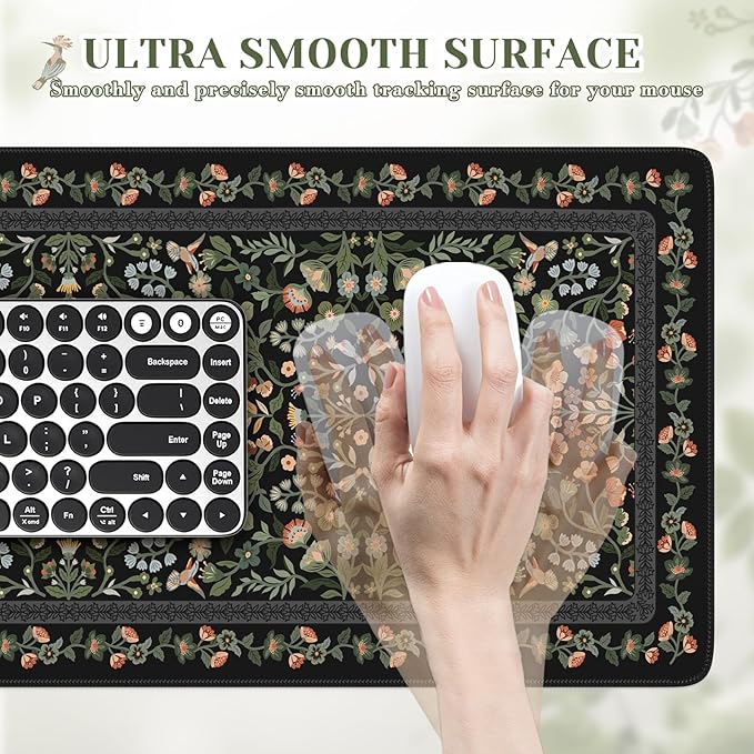 iCasso Aesthetic Floral Desk Mat, L Mouse Pads, Anti-Slip Retro Mousepad with Stitched Edges, Waterproof Computer Pad 11.8"x31.5",Desk Accessories Office Decor for Women(Black)