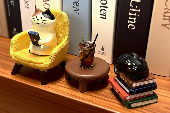 Cute Cat Home Decor Office Desk Accessories, Cats Playing Phone on Sofa and Drinking Coffee, Mini Kitty on Books Miniature Figurines Cats Decorations Gifts for Cat Lovers Computer Book Shelf Decor