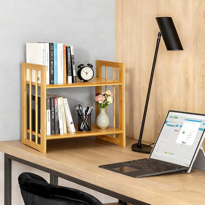 Desktop Shelf Organizer, 2 Tier Bamboo Desk Bookshelf, Desk Top Storage Rack for Office, Dorm, or Bedroom Decor, Small Tabletop Shelf for Books, Plants & Accessories