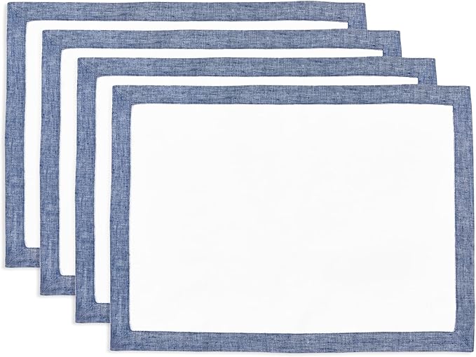 Solino Home Linen Cloth Placemats Set of 4-100% Pure Linen Chambray Indigo and White Placemats 14 x 19 Inch for Spring, Summer - Classic, Handcrafted and Machine Washable