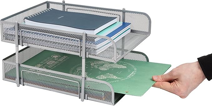 Mind Reader Stackable Paper Tray, Desktop Organizer, File Storage, Office, Metal Mesh, 2 Pc, Silver