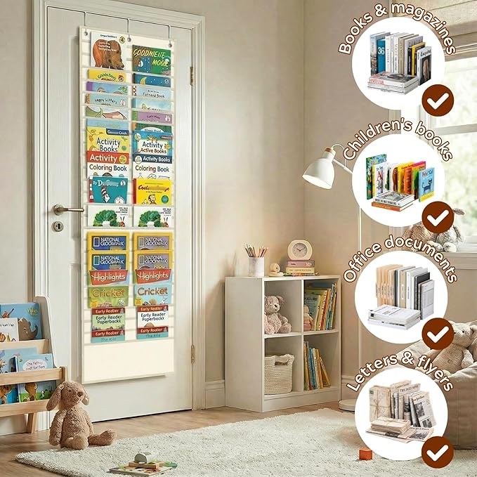 26-Pocket Over The Door File Organizer - Vertical Hanging Storage for Magazines, Documents & Paper, Heavy-Duty Door Organizer for Office, Classroom & Home