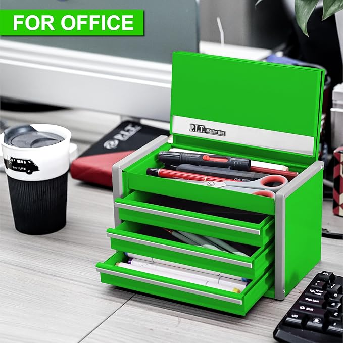 P.I.T. Mini Tool Box 8.6"W X 4.6"D, Portable 3 Drawer Steel Stackable Green Tool Box with Magnetic Tab Locking, Green Micro Top Chest with Liner for Tools Storage and Organizers, Home DIY