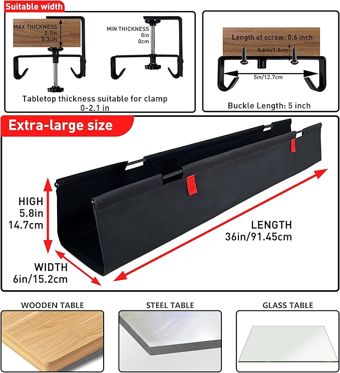 Under Desk Cable Management No Drill – 36" L x 6" W Cord Organizer, Upgraded Silicone Pads (No Scratch), 16 Cable Slots, Washable PE Honeycomb Base, Fits Desks 0–2.1" Thick, Black