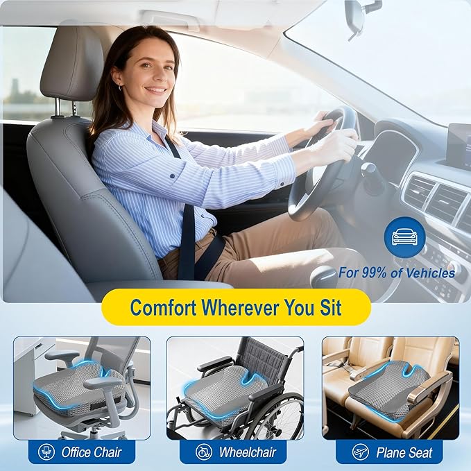Lofty Aim Car Seat Cushion: Ergonomic Memory Foam Cushion for Driving and Long Drives, for Sciatica and Back Pain, Seat Pillow for Car, Truck, Office Chair, Home, Wheelchair - Gray