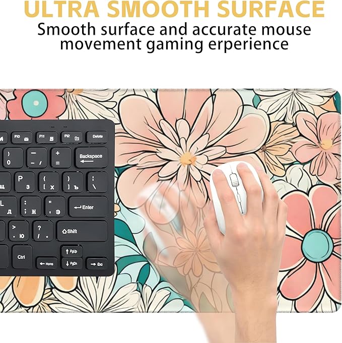 70s Inspired Flower Large Extended Gaming Mouse Pad Pink Flower XXL Mousepad Desk Pad for Keyboard and Mouse, Non-Slip Rubber Base Mousepad with Stitched Edges for Office Desk Decor, 31.5 x 15.8 in