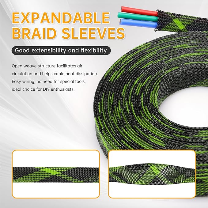 Braided Cable Sleeve, 33ft Expandable Wire Loom for Automotive Wiring Harness & PC Case, Pet-Proof Chew Resistant Cord Protector, Flexible Cable Management (Black-UV Yellow, 12mm (15/32"))