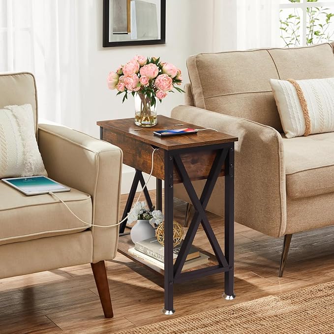 TooCust End Tables Living Room Set of 2, Narrow Side Table with Charging Station, 12" D x 24" W x 24" H, Flip Top End Table with USB Ports and Outlets, Couch End Tables Set of 2, Steel X-Shaped Frame