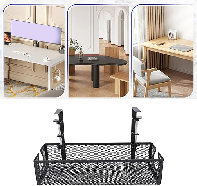 TOPINCN Circular Hole Desk Cable Management Organizer, Trapezoidal Design Cable Management Tray No Drill Steel Clamp Mount Wire Organizer for Home Office Standing Desk (Black)