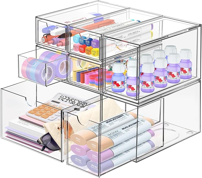 Desk Organizer with 7 Drawers, FODIENS 7 Packs Acrylic Stackable Desktop Storage Drawers Makeup Organizer, Clear Craft Storage Box Cabinets for Office Vanity Countertop Bathroom Bedroom