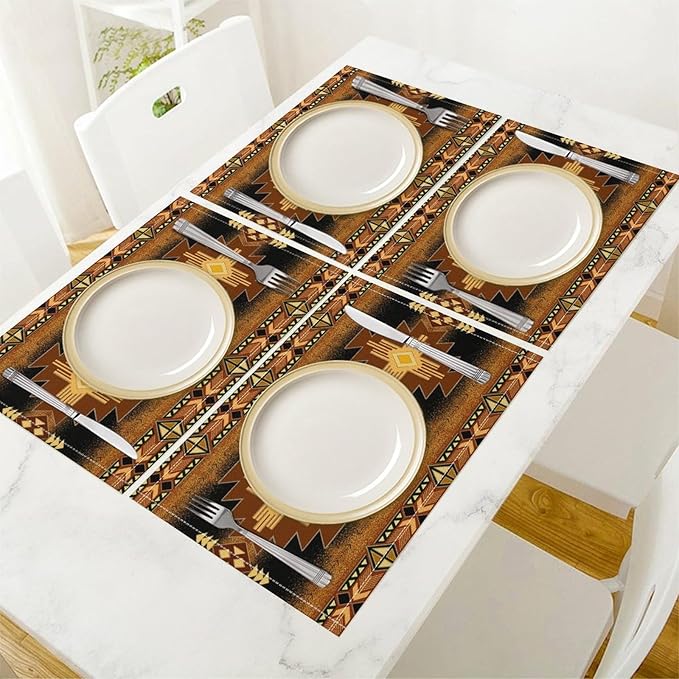 Vintage Aztec Southwest Placemats Ethnic Style Design Boho Geometric Pattern Linen Washable Table Mats Stain Heat-Resistant Desktop Decor Place Mats for Home Kitchen Dining Party 12x18 in 6 Pcs