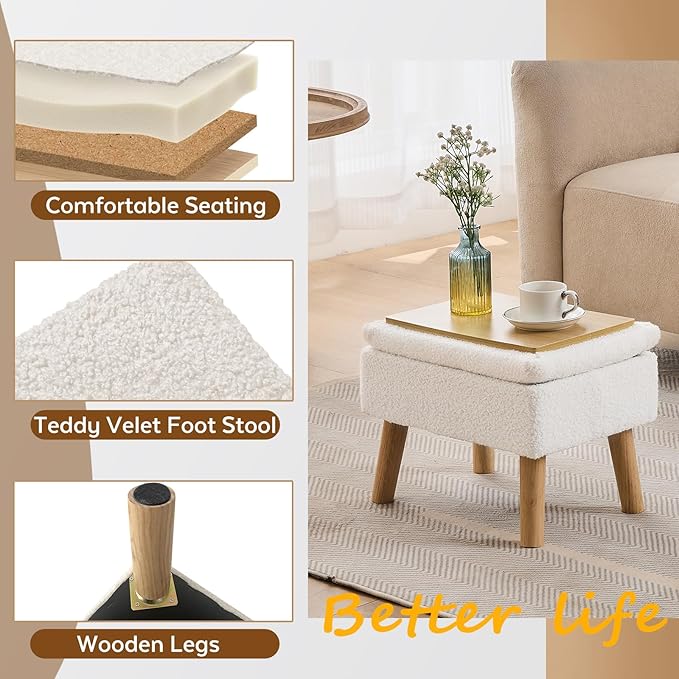 Storage Ottoman, Small Foot Stool Ottoman with Storage, Teddy Velvet Foot Rest with Wood Legs, Footstool for Living Room, Bedroom, Entryway, White