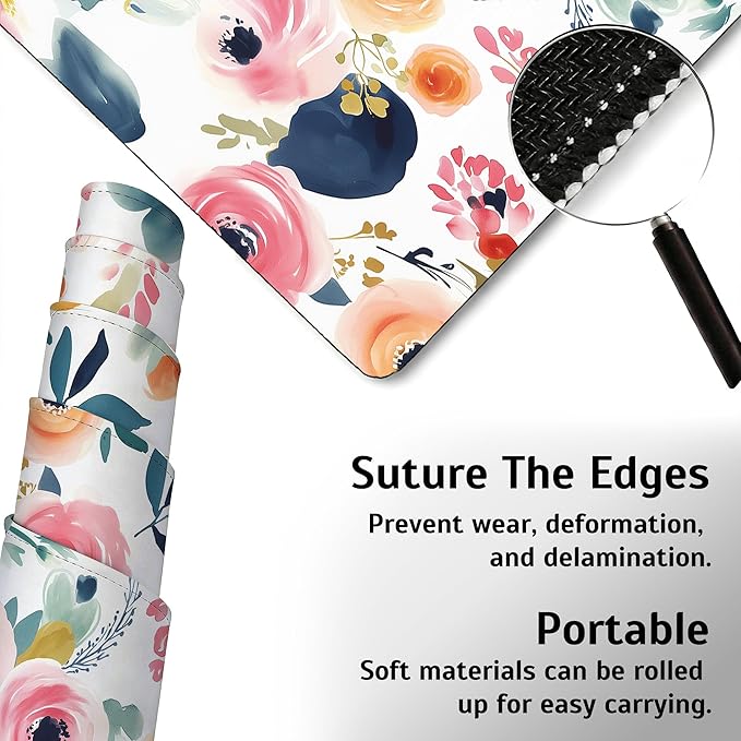 Watercolor Floral Mouse Pad,35.4 x 15.7 Inch Large Mouse Mat Non-Slip Rubber Stitched Edges for Writing Desk,Office,Home,Laptop