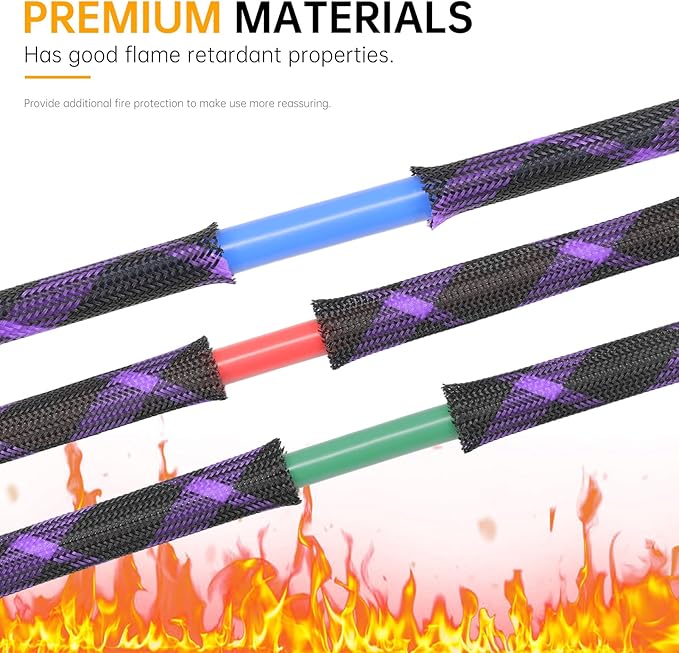 Braided Cable Sleeve, 33ft Expandable Wire Loom for Automotive Wiring Harness & PC Case, Pet-Proof Chew Resistant Cord Protector, Flexible Cable Management (Black-Purple, 10mm (3/8"))