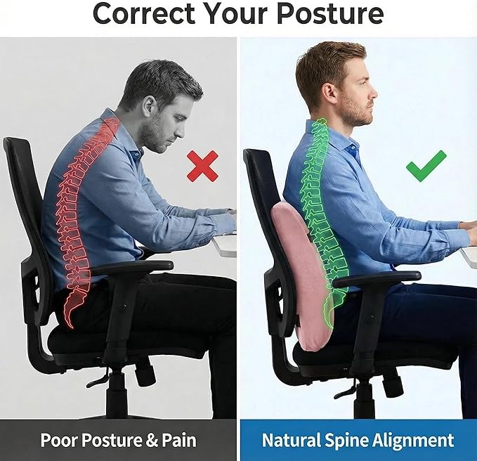 Poshetion Lumbar Support Pillow for Office Chair & Car – Memory Foam Back Cushion with Adjustable Straps & Breathable Mesh Cover（Pink）