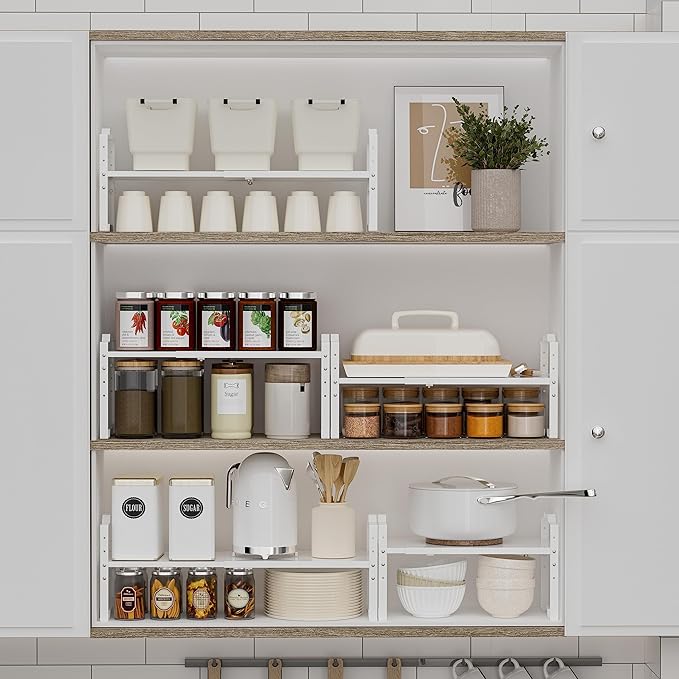 Jojocross Expandable Shelf for Cabinet Organizer Adjustable Stackable Spice Rack at Kitchen and Bathroom More, Counter Countertop Cupboard Organization Pantry Storage(MEDIUM/1PACK/WHITE)