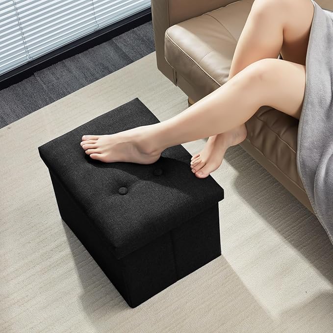 AmasSmile Black Ottoman with Storage,Foot & Leg Rest Stools Small Cute Stool Short Bench Folding Ottomans Square Footstools for Shoe Living Room Under Desk Outdoor RV Camper Each Space Storage