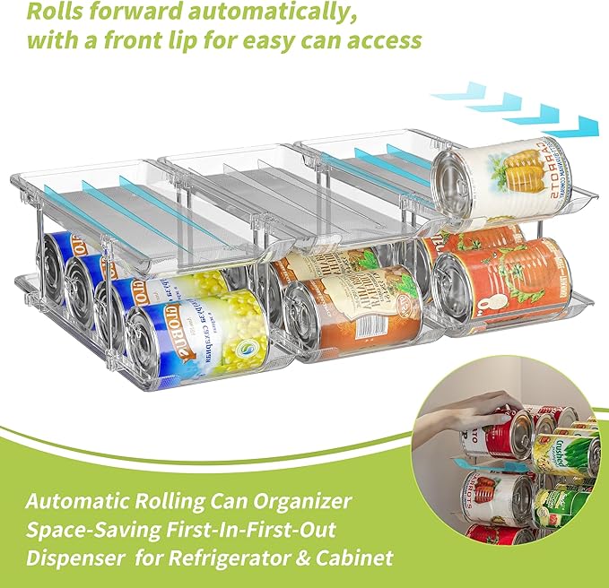 Can Organizer for Pantry Soda Can Organizer Automatic Rolling Food Pantry Storage Rack Can Dispenser for Fridge Holds 72 Cans, Fits 5.8-Inch Soda and Can, Set of 18