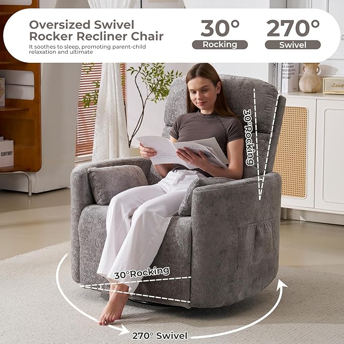 Oversized Swivel Rocker Recliner with Massage and Heat, Swivel Nursery Recliner With Adjustable Headrest, Manual Rocker Recliner Chair with Two Removable Pillows, Rocking Nursery Chair, Dark Grey
