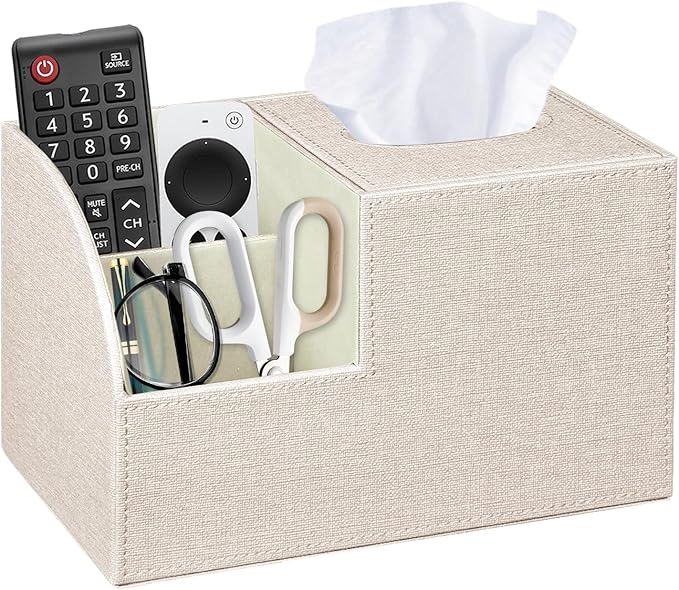 Square Tissue Box Cover with Storage, PU Leather Cube Tissue Box Holder, Remote Control Nightstand Organizer, Modern Desk Caddy for End Table, Bathroom, Bedroom, Home, Office Decor