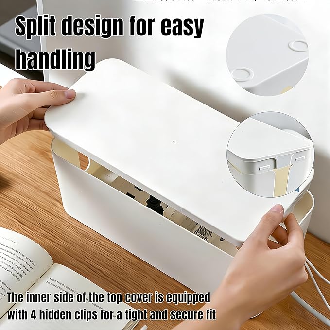1 Large + 1 Small Cable Management Box Set – 2-Piece Cord Organizer Box, Home Office Desk Wire Storage & Cable Management Solution (Acryliclid lid/White)