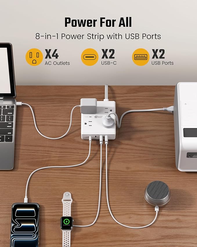 SUPERDANNY Flat Plug Power Strip Surge Protector 10 Ft Long Flat Extension Cord with 4 Outlets & 4 USB (2 USB-C) Charging Station for Home Office, College Dorm Room Essentials, Travel, White