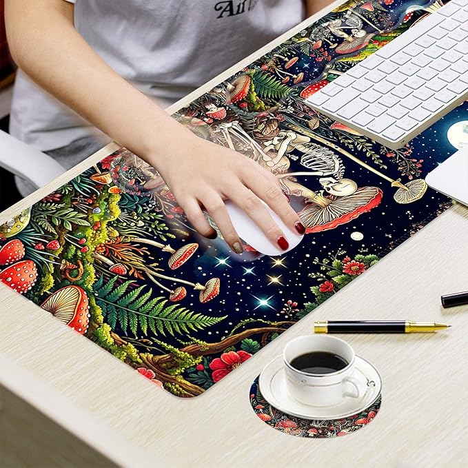 Ergonomic Mouse Pad Set with Wrist Support for Keyboard and Wrist Rest for Mouse, Memory Foam Comfort, Non-Slip Large Desk Mat for Home Office Pain Relief,Mushroom Skull Men Moon